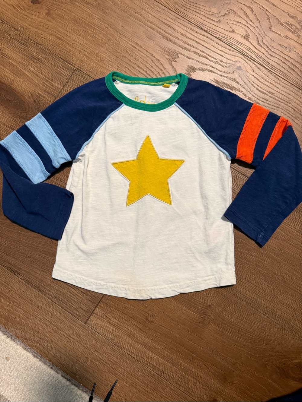 Mini Boden White Raglan Tee with Yellow Star, Navy Sleeves & Green Trim